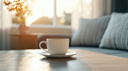 Morning Coffee Ritual: A simple yet comforting scene of a white coffee mug on a wooden table, bathed in the warm glow of morning sunlight streaming through a window.