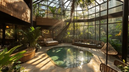 Wall Mural - Luxurious indoor pool surrounded by lush greenery in a tropical retreat during golden hour sunlight