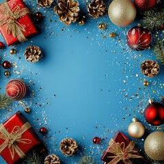 Wall Mural - Merry Christmas and Happy Holidays greeting card, frame, banner. New Year. Noel. Christmas ornaments and gift on blue background top view. Winter xmas holiday theme. Flat lay