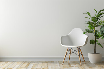 A white chair with wooden legs sits in a minimalist room with a large potted plant.