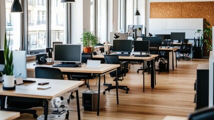 The workspace features open, airy design with wooden floors, large windows, and multiple workstations equipped with computers, plants, and minimalistic decor in a contemporary office