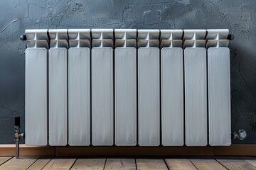 A classic white radiator against a gray wall, placed on wooden flooring, showcasing a clean and modern home interior. The radiator is a central element for heating in colder climates