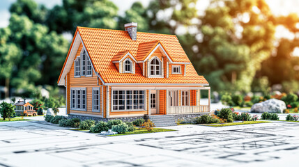 Sticker - A house with a red roof and white trim sits in front of a green bush