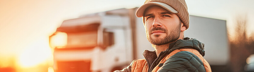 Poster - A man wearing a hat and a jacket is standing next to a truck