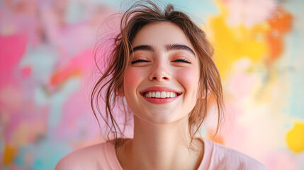 Poster - A woman with long brown hair and a pink shirt is smiling