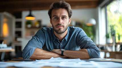 Poster - A man in a blue shirt is sitting at a table with papers in front of him