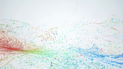 A dynamic video showcasing a scatter plot of multicolored data points on a white background, with camera zooming out to reveal intricate patterns. Data clusters and disperses, illustrating variability