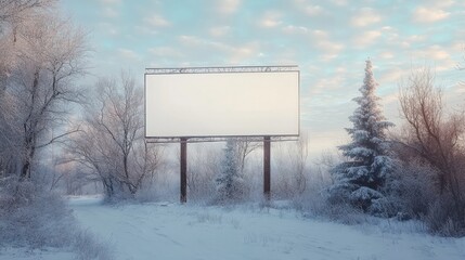 Blank white mock up large billboard sign winter tree farm snow Christmas advertising board template marketing scenic roadside signage rustic forest peaceful empty design promotional media xmas ad one