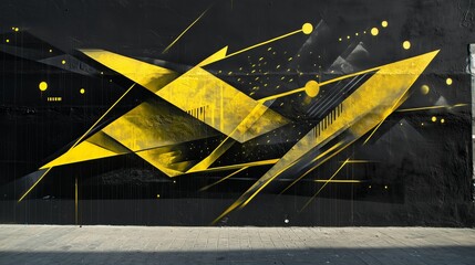 Sticker - Bold geometric street art featuring striking yellow and black shapes on a city wall