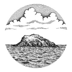 Black and White Outline Line Art Drawing of Island in Sea with Clouds in the Sky