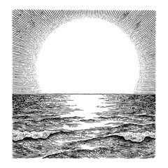Wall Mural - sea with sun set black and white outline line art drawing engraving illustration