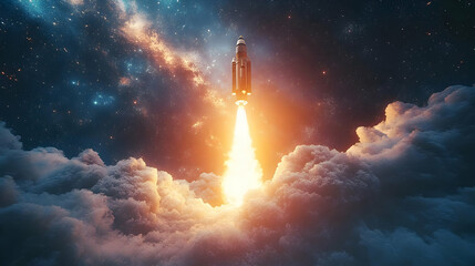 Rocket Launch Through Clouds - 3D Illustration