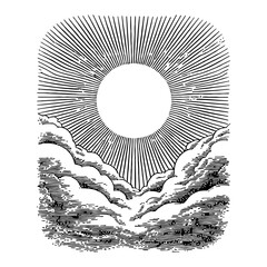 Black and White Outline Line Art Drawing of Sun Shining Through Clouds with Rays in Retro Style