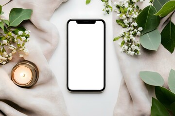 Wall Mural - White Background Flat Lay with Phone and Flowers