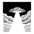 © Reytr - Black and White Outline Line Art Drawing of UFO Ship Shining in the Sky with Clouds
