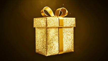 Gift box in golden shiny packaging with bow appear on dark black background