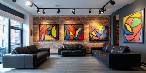 A contemporary living room with a black leather sofa, abstract artwork on the walls, and industrial-style lighting fixtures, set against a brick accent wall, panoramic view