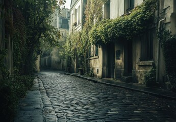 an empty street in Paris, cobblestone road with green plants on the buildings and walls, muted tones, soft light Generative AI