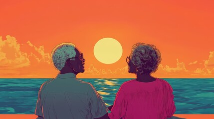 Wall Mural - Joyful Senior African American Couple Enjoying Music by the Coast - Graphic Minimalistic Retro Illustration with Bold Outlines and Playful Colors