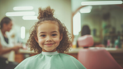 Wall Mural - A young girl with curly hair is sitting in a chair with a green shirt on