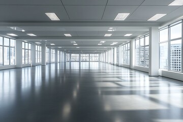 Wall Mural - Empty Modern Office Space with Large Windows and Bright Lighting