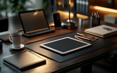 Aufkleber - A modern workspace featuring a tablet, laptop, stationery, and a coffee cup, illuminated by warm lighting, creating a cozy and productive atmosphere.