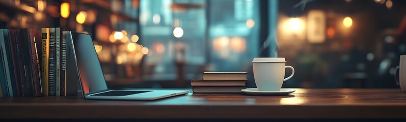 Poster - A cozy workspace with a laptop, coffee cup, and stacked books, illuminated by warm lights, creating a productive and inviting atmosphere.