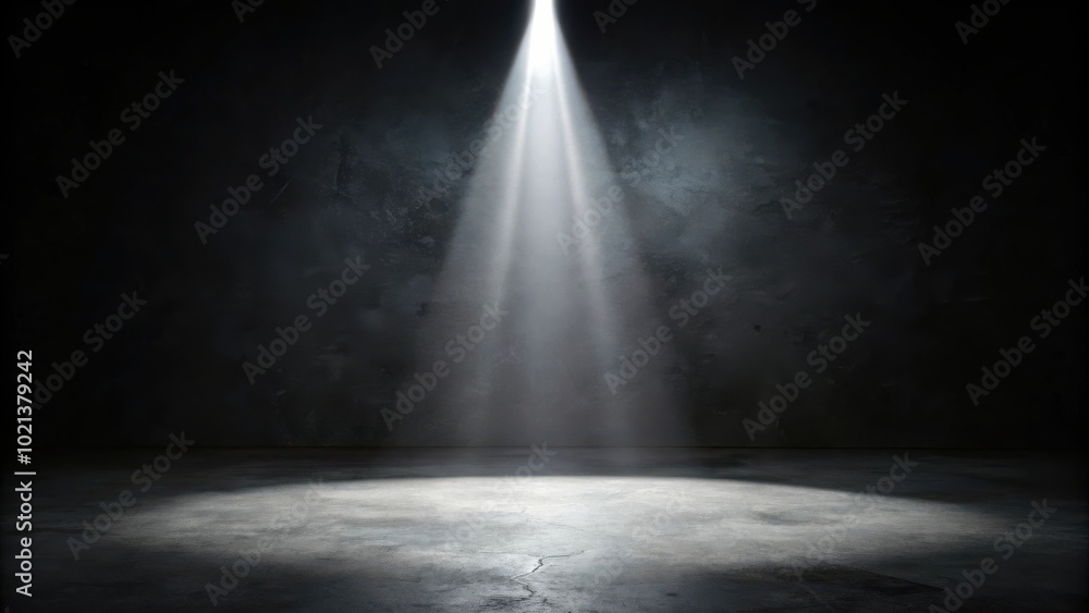 A single spotlight illuminates the concrete floor in an otherwise dark ...