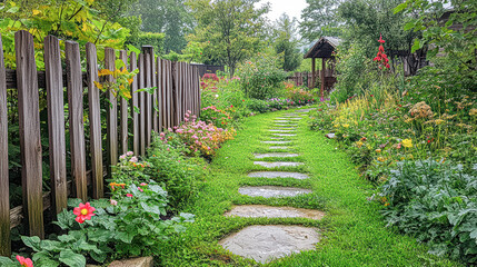 Poster - A garden path with a wooden fence and a stone walkway