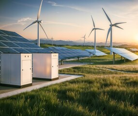 concept of energy storage batteries system, wind power, wind turbines and li-ion battery container, 