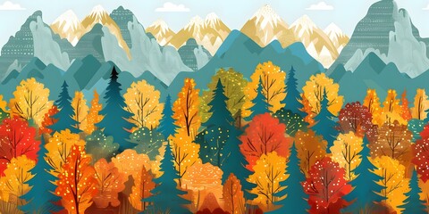 Wall Mural - Autumn Forest with Snowy Mountains Landscape Illustration