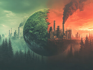 Wall Mural - A green and red planet with a forest and a city