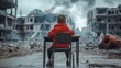 © Nadin Faust - young boy in a red jacket sitting on a school desk amidst the ruins of a war-torn city, facing the camera with buildings destroyed by explosions and smoke rising in the background
