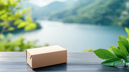 Sticker - A brown cardboard box sits on a wooden table next to a body of water