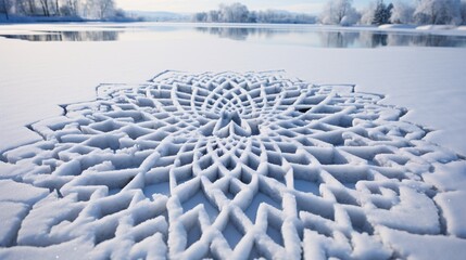 Snowflakes forming patterns on a frozen lake