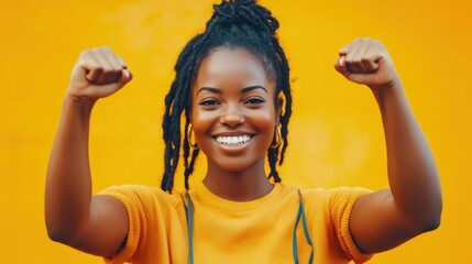 Wall Mural - Fist Pump. Portrait of a Carefree African American Woman Celebrating Joyfully