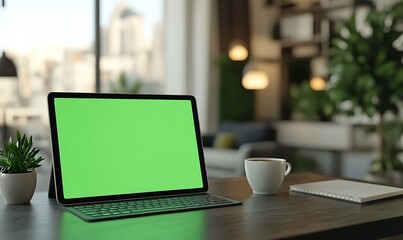 Fototapete - A modern workspace featuring a tablet with a green screen, a cup of coffee, and plants, offering a vibrant, productive atmosphere.