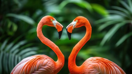 Two flamingos forming a heart shape with their necks amidst lush greenery.