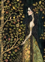 Wall Mural - Woman in a Forest with Birds and Flowers