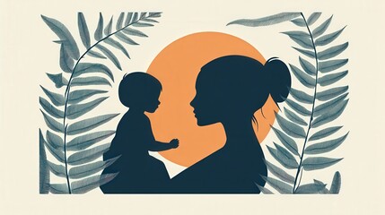 Wall Mural - Mother and Baby in Park: Minimalist Retro Illustration with Bold Outlines and Playful Colors