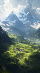 Sticker - Aerial view of the Swiss Alps, overcast sky, green grassy hills with small buildings and winding roads leading to mountains in the distance