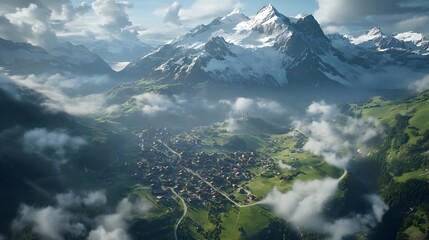 Sticker - Aerial view of the Swiss Alps, overcast sky, green grassy hills with small buildings and winding roads leading to mountains in the distance