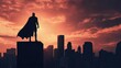 © THINNAKORN - A superhero standing on a skyscraper rooftop, watching over the city as night falls, vigilante story, heroism and protection