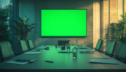 Aufkleber - A modern conference room featuring a large green screen display, surrounded by a table set with chairs, plants, and office supplies, creating a professional atmosphere.