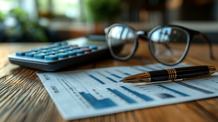 Office desk with financial reports, calculator, and pen