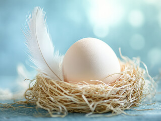 A white egg is sitting on a nest made of straw