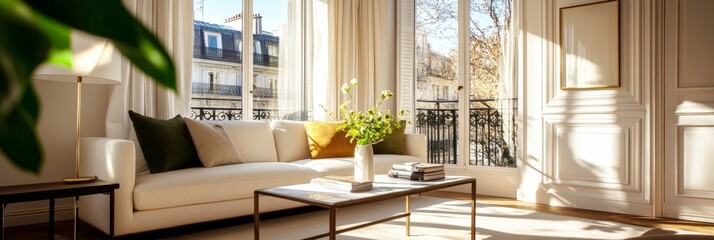 Sticker - A bright and airy Parisian apartment featuring a white sofa, a coffee table, and a vase of flowers, showcasing the timeless elegance of Parisian design.