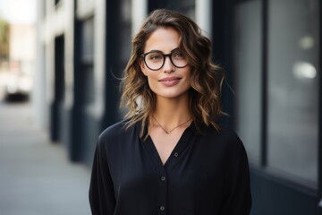 portrait of beautiful young business woman in eyeglasses looking at camera