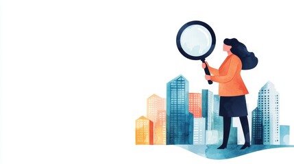 Sticker - A businesswoman uses a magnifying glass to explore opportunities in a city skyline, symbolizing growth, research, vision, and potential.