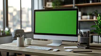Poster - A modern workspace featuring a computer with a green screen, surrounded by stationery, plants, and a bright window view.